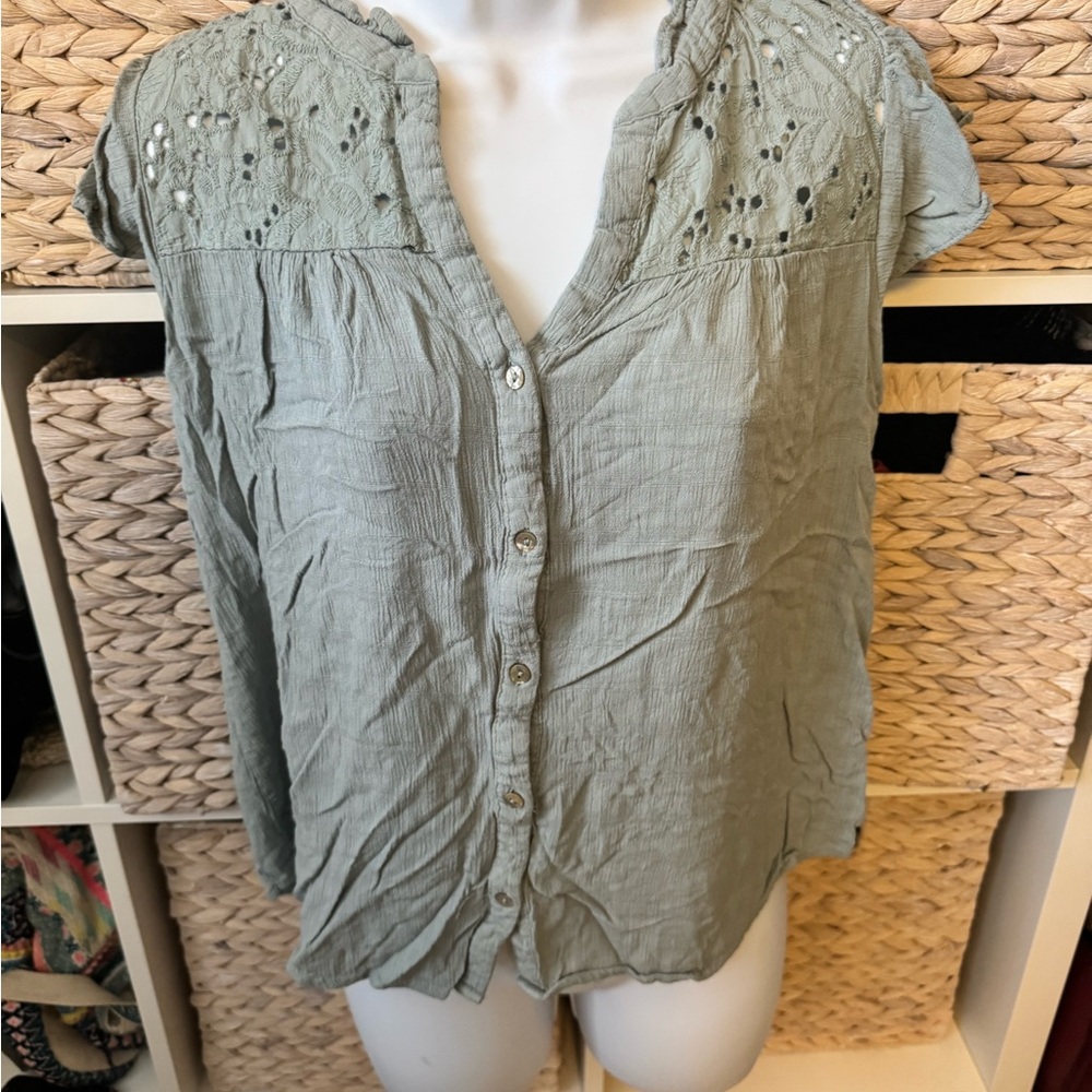 Elegant linen sage button blouse with fish earrings bundle